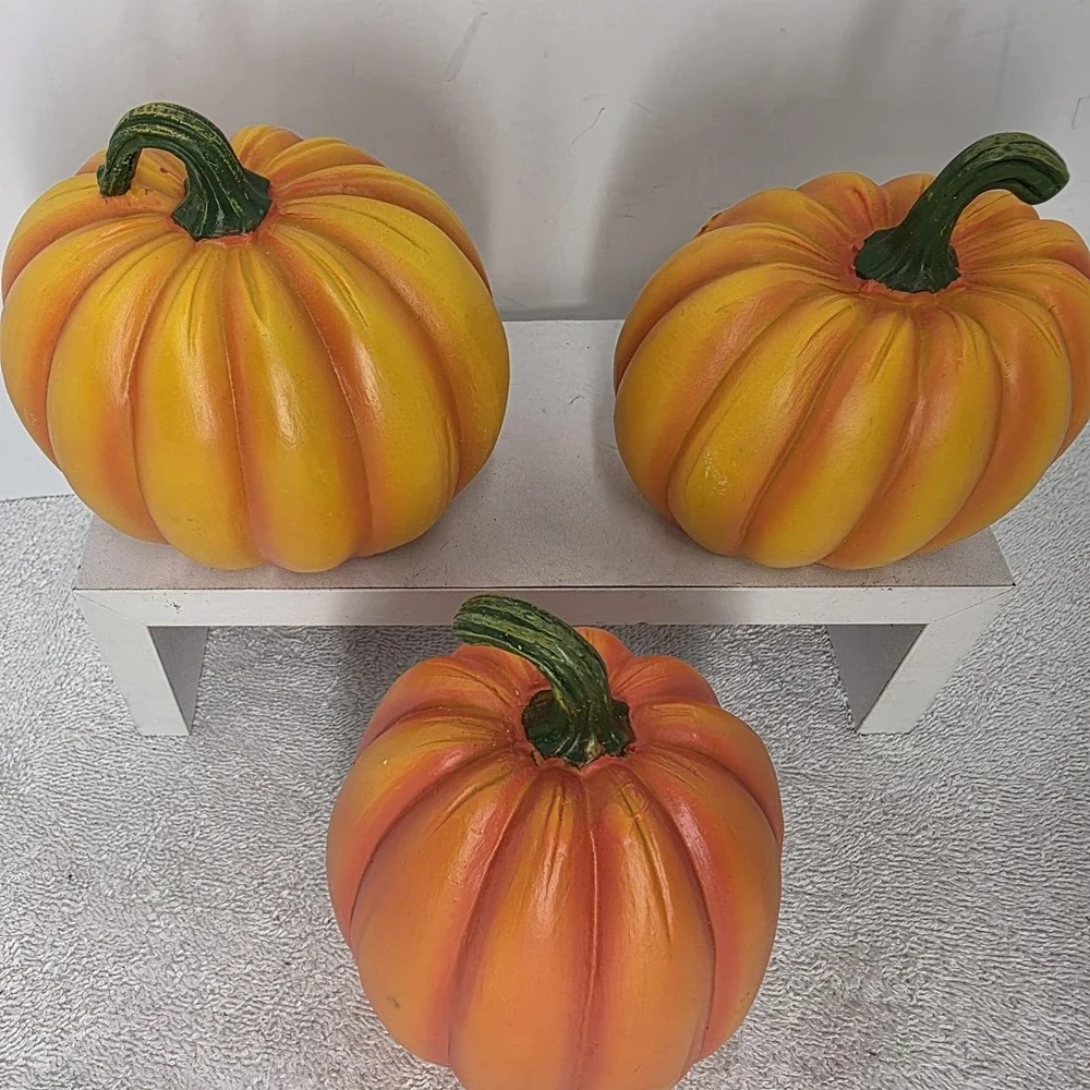 Set Of 3 Light Up Battery Orange Pumpkins Welcome Hello Fall Season Give Thanks
